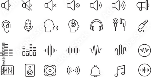 Thin line icon set of audio sound volume music level. Symbol collection. Pixel perfect icons, editable stroke.