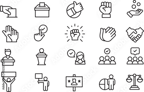 Thin line icon set of voting election politics democracy campaign solidarity. Symbol collection. Pixel perfect icons, editable stroke.