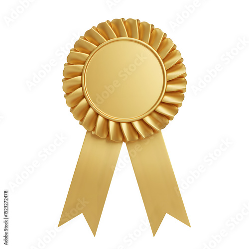 Elegant gold rosette award with scalloped decorative border, blank center medallion, and flowing ribbon tails, isolated on white or transparent background. PNG
