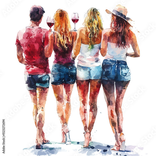 watercolor of People Enjoying Wine Festival, vector high quality, isolated on a white background.