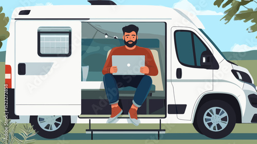 Indian man sitting working on laptop inside camper van. Remote work and freelancing. Tourism and travel. Banner, advertisement. Digital nomad and freelance