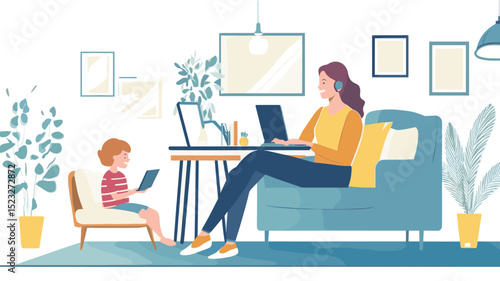 Caucasian mother working from home, having a work video call, daughter playing nearby. Stay home, quarantine remote work