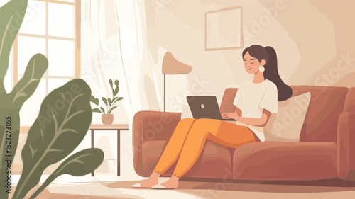 Asian business woman relax and working on laptop remotely from home. work from home concept