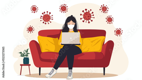Young girl employee with laptop computer in self isolation working from home, coronavirus quarantine. Remote working of business worker, online education. Woman working remotely from home on sofa
