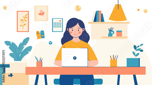 Young woman working on laptop in professional office setting. Student girl multitasking at home office. Work-from-home, freelance, business lifestyle concept. Technology, productivity, and remote ...