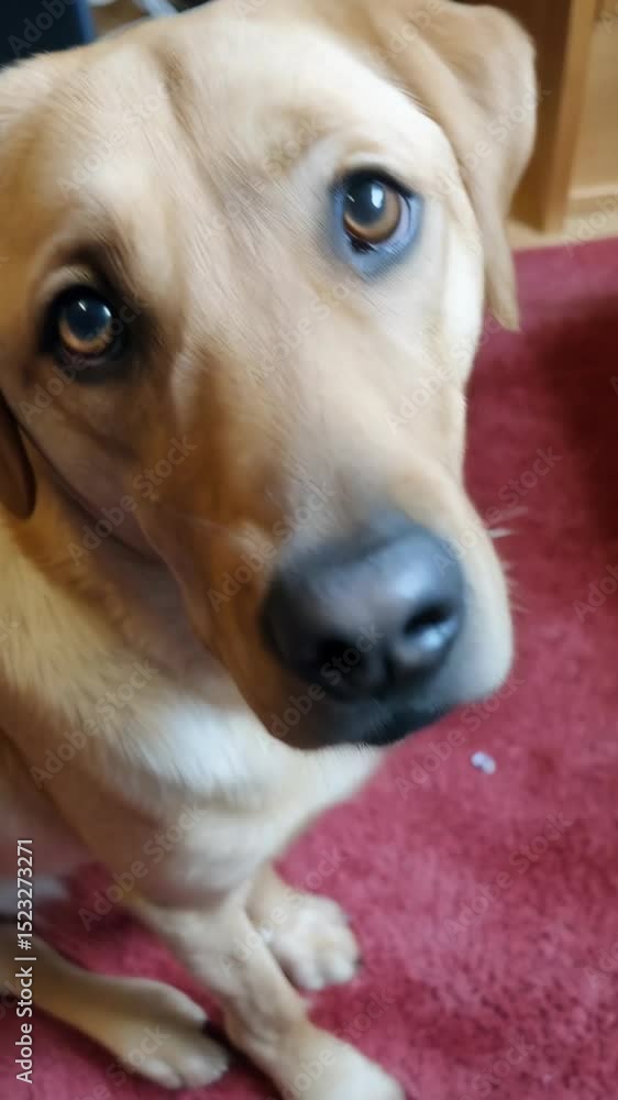 Close-up of a light brown Labrador Retriever dog looking at the camera with a curious and gentle expression indoors. Close-up of a light brown Labrador Retriever dog looking at the camera with a curious and gentle expression indoors.
