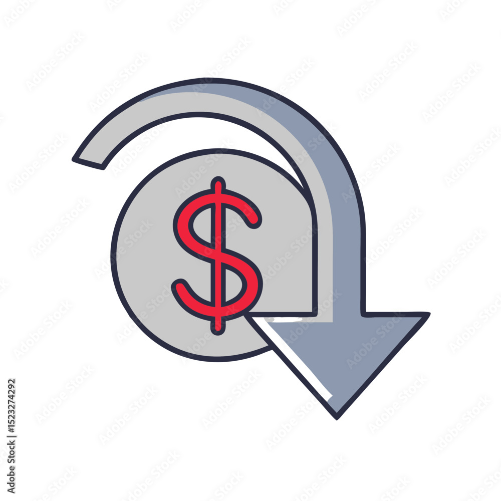 Declined return symbol with dollar sign and downward arrow in flat design for returns management Declined return symbol with dollar sign and downward arrow in flat design for returns management