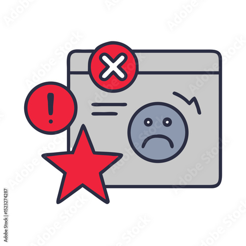 Customer complaint icon with unhappy face and warning sign in flat design for returns management - 2