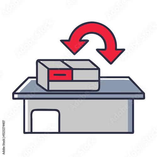Return package on counter icon with downward arrows in flat design for returns management