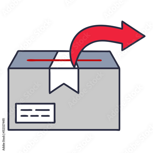 Return label on box icon with outgoing arrow in flat design for returns management