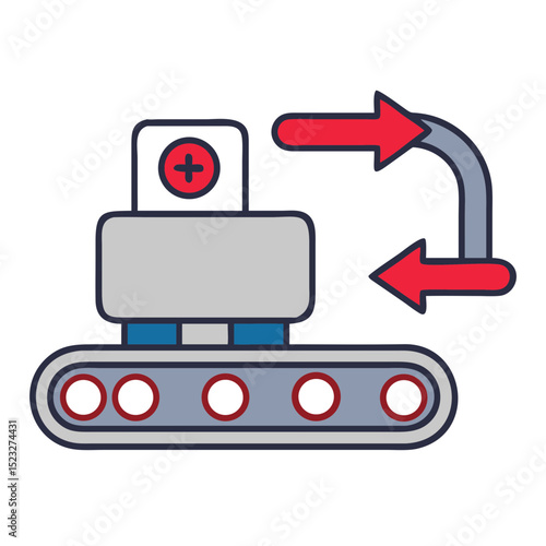 Return processing robot icon with conveyor belt and arrows in flat design for returns management