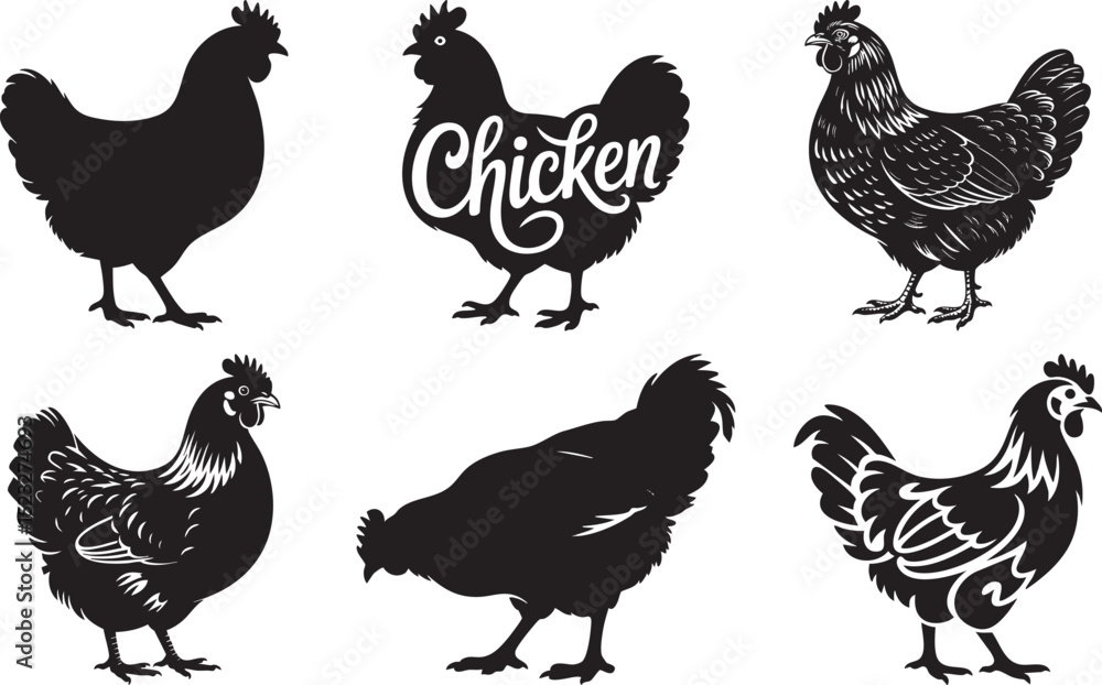 Fototapeta premium Collection Of Chicken Icon Set In Black And White Featuring Hen Silhouettes For Farm Animal Poultry Agriculture Food And Rustic Design Themes