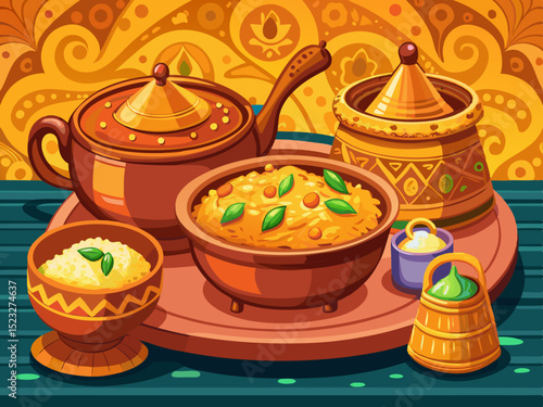 vector of Indian chicken biryani, photography of spicy chicken biryani in copper dishes and copper pot.