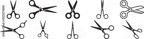 Collection Of Scissors Icon Set In Black And White Featuring Cutting Tools For Hairdressing Tailoring Craft Office And School Supply Themes