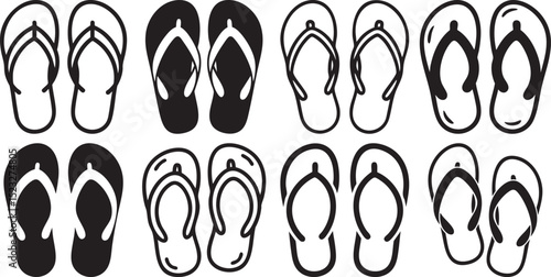 Collection Of Flip Flop Icon Set In Black And White Featuring Summer Footwear Sandals For Beach Vacation Casual Wear And Travel Themes