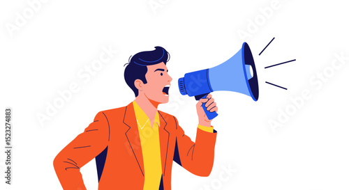 illustration of businessman shouting into megaphone, minimalist illustration, flat design, vibrant colors, dynamic composition, digital art, on white background
