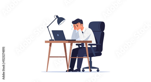 illustartion of stressed businessman, businessman in chair, worried businessman, frustrated corporate professional, upset office worker, depressed office employee, anxious corporate executive