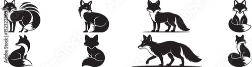 Collection Of Fox Silhouette Vector Icons Set Featuring Wild Animal Poses In Black And White For Nature Wildlife And Forest Themes