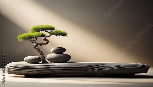 a serene decorative zen garden with rocks and a small tree in minimalist design