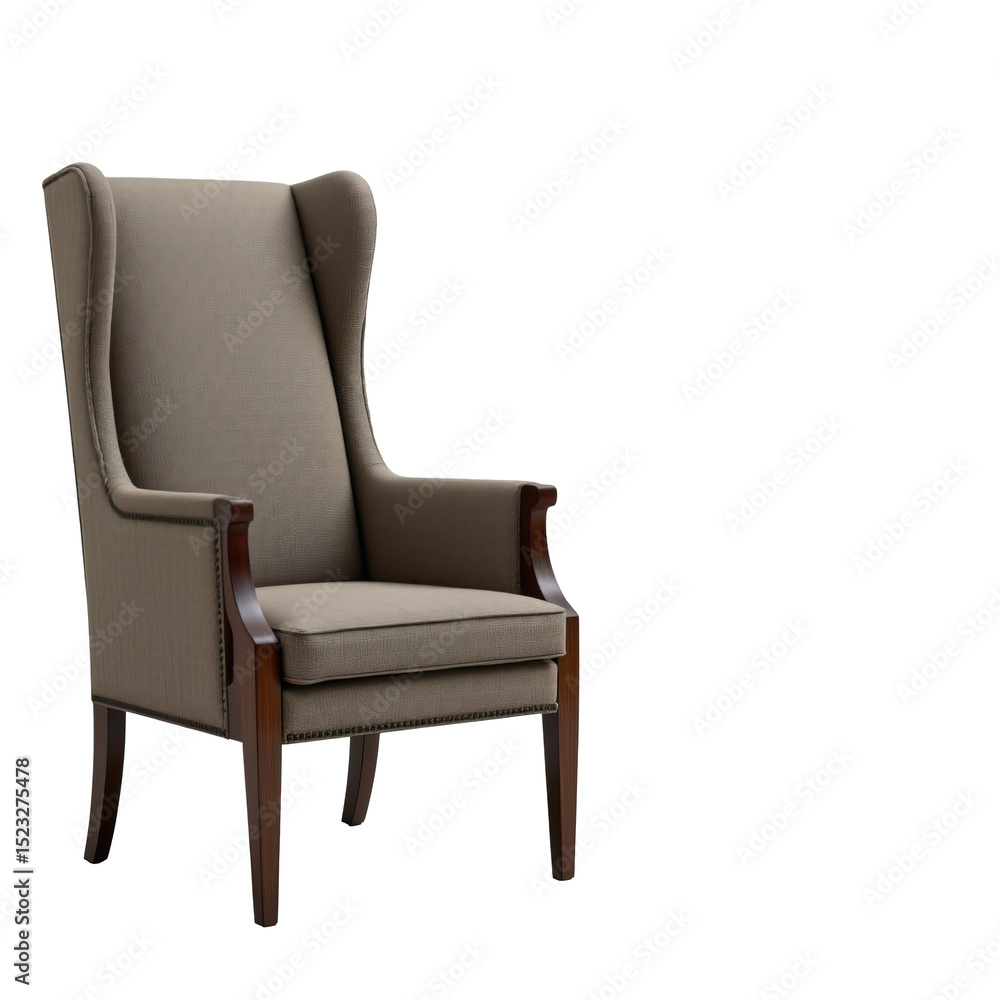 Elegant High-Back Armchair with Neutral Fabric and Dark Wood Legs in Contemporary Living Room Setting Elegant High-Back Armchair with Neutral Fabric and Dark Wood Legs in Contemporary Living Room Setting