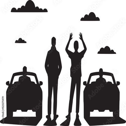 Silhouettes of people using phones on public transport with hanging handles above them in black and white