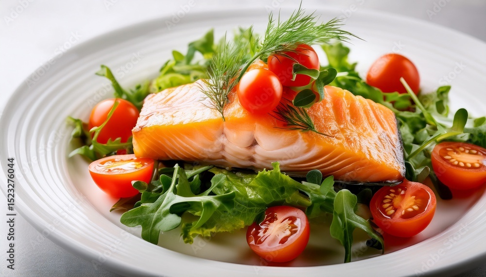 a vibrant healthy meal featuring smoked fish fresh greens and cherry tomatoes artfully arranged on a pristine white plate a vibrant healthy meal featuring smoked fish fresh greens and cherry tomatoes artfully arranged on a pristine white plate