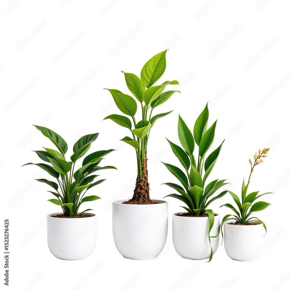 Fototapeta premium Indoor Plants in White Planters for Modern Home Decor and Interior Design with Fresh Green Foliage