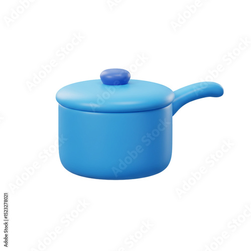 3D rendering of a blue saucepan with a lid and handle on a white background