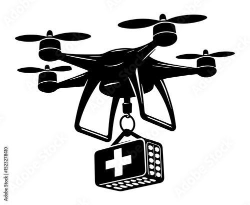 A black and white silhouette of a flying medical drone with medicines on a white isolated background. Vector graphics. EPS.