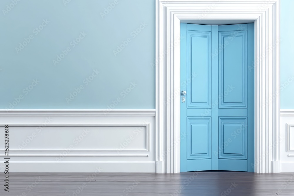 Fototapeta premium A light blue double door in a pale blue room with white wainscoting and dark wood flooring