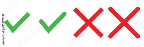 Check mark icon vector. Check icon with right and wrong buttons and yes or no checkmark icons in green tick and red cross. ross check mark icons, flat round buttons set