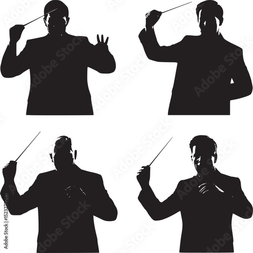 Silhouettes of people hanging on ropes in various athletic poses against a white background image view
