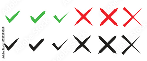 Check mark icon vector. Check icon with right and wrong buttons and yes or no checkmark icons in green tick and red cross. ross check mark icons, flat round buttons set