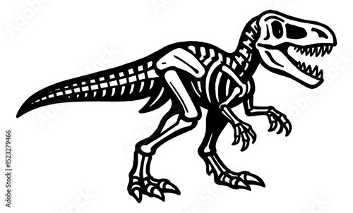 Tyrannosaurus Rex Skeleton Posing in Black and White Dinosaur Anatomy Illustration