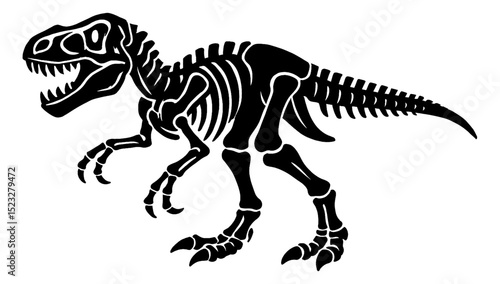 Tyrannosaurus Rex Skeleton in Black and White Vector Illustration Engraving Style