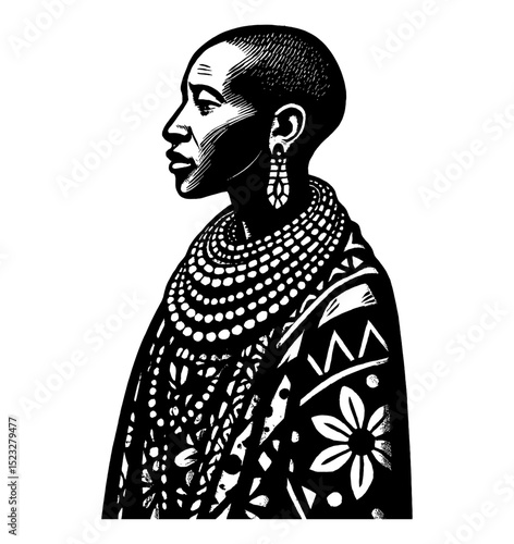 Profile portrait of an African woman with traditional jewelry in a detailed engraving style