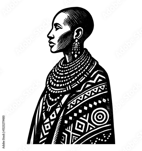 Profile Portrait of Bald African Woman Wearing Traditional Necklaces in Woodcut Style Art