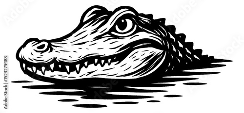 Alligator Head in Water Black and White Engraved Style with Detailed Texture and Eye Focus