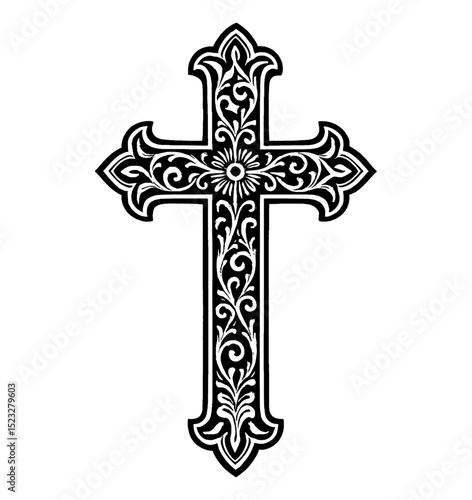 Ornate Christian Cross with Floral Details in Black and White Decorative Vector Design