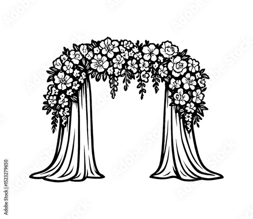 Floral arch decoration with flowers and fabric in black and white vector illustration