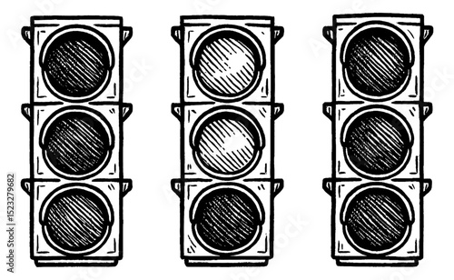 Three Traffic Lights with Different States Illustration, Black and White Isolated, Control
