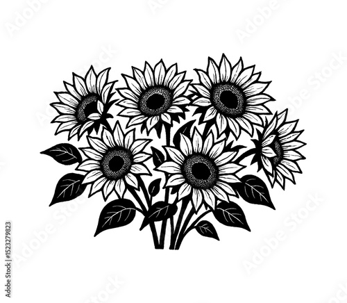 Black and White Illustration of a Bouquet of Sunflowers in Detailed Engraving Style