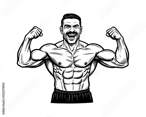 Strong Muscular Man Flexing Muscles and Smiling in Black and White Illustration Art