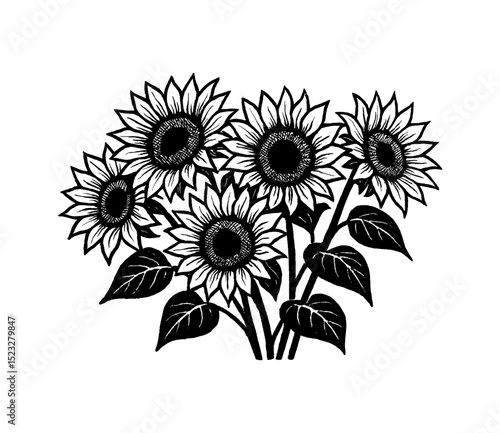 Black and white drawing of sunflowers with leaves on a white background in vector style.