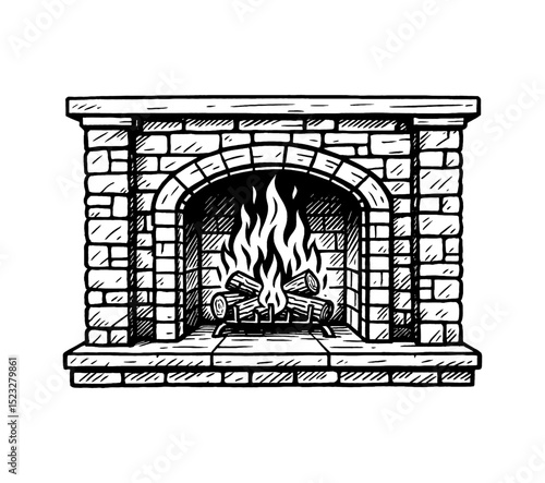 Hand Drawn Brick Fireplace with Firewood and Flames Illustration in Black and White