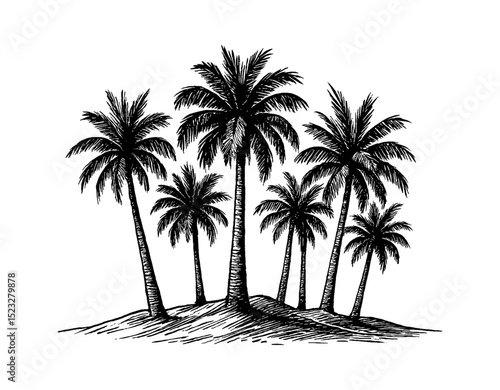 Detailed illustration of palm trees on a small sandy island, black and white vector engraving