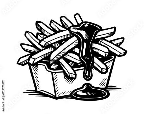 Poutine Illustration with French Fries and Gravy in Black and White Detailed Line Art