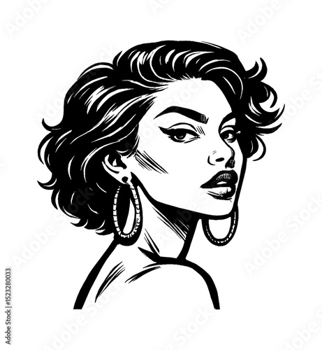 Illustration of an Attractive Woman Portrait with Hoop Earrings in Black and White
