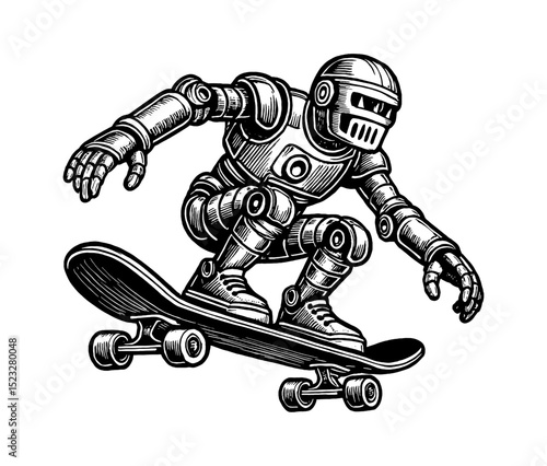 Robot skateboarding in black and white detailed engraving style line art illustration vector