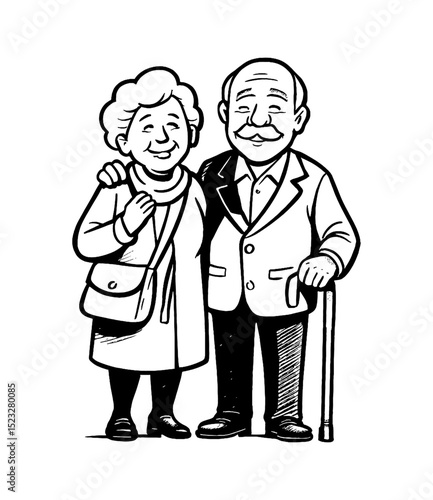 Smiling Senior Couple Standing Together in Black and White Vector Illustration